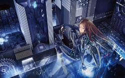 Rule 34 | 1girl, android, arm support, blue eyes, bodysuit, brown hair, cityscape, cyberpunk, cyborg, from above, gun, hair ribbon, handgun, long hair, looking back, original, power suit, redjuice, ribbon, science fiction, sitting, smile, solo, weapon, wind