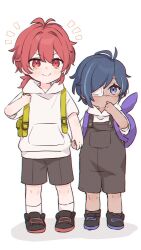 2boys aged_down antenna_hair backpack bag black_footwear blue_eyes blue_hair blush child closed_mouth commentary dark-skinned_male dark_skin diluc_(genshin_impact) eyepatch genshin_impact green_bag grey_overalls grey_shorts grey_socks hair_between_eyes hair_intakes hand_up holding_hands hood hood_down hoodie kaeya_(genshin_impact) long_hair looking_at_viewer low_ponytail male_focus medical_eyepatch multicolored_hair multiple_boys noma_(noma3g) notice_lines one_eye_covered overall_shorts overalls parted_bangs ponytail purple_bag red_eyes red_hair shoes short_sleeves shorts sidelocks simple_background smile socks standing step-brothers step-siblings streaked_hair swept_bangs symbol-only_commentary v-shaped_eyebrows white_background white_hoodie white_socks