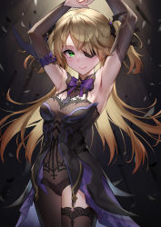 Rule 34 | 1girl, absurdres, armpits, arms up, bare shoulders, black dress, black ribbon, blonde hair, blush, bow, bowtie, commentary, cowboy shot, detached sleeves, dress, eyepatch, fischl (genshin impact), garter straps, genshin impact, green eyes, hair ribbon, highres, long hair, looking at viewer, myske (myst34415756), purple bow, purple bowtie, ribbon, single thighhigh, sleeveless, sleeveless dress, smile, solo, standing, thighhighs, two side up, very long hair