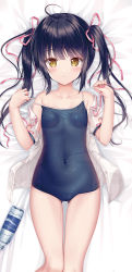 Rule 34 | 1girl, ahoge, bare shoulders, bed sheet, black hair, black one-piece swimsuit, blue one-piece swimsuit, blush, bottle, brown eyes, closed mouth, collarbone, collared shirt, commentary request, dakimakura (medium), dress shirt, feet out of frame, gluteal fold, hair ribbon, hands up, highres, looking at viewer, off shoulder, one-piece swimsuit, open clothes, open shirt, original, pink ribbon, puffy short sleeves, puffy sleeves, pulling own clothes, ribbon, shirt, short sleeves, smile, solo, sousouman, strap pull, swimsuit, thigh gap, twintails, water bottle, white shirt
