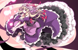 Rule 34 | 1girl, blonde hair, bow, breasts, cleavage, dress, female focus, frilled dress, frills, garter straps, glowing, hair bow, hat, lace, long hair, outstretched hand, purple eyes, reina (black spider), ribbon, solo, thighhighs, touhou, white thighhighs, yakumo yukari