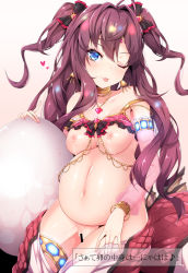 Rule 34 | 1girl, :3, bar censor, blue eyes, bow, breasts, brown hair, censored, choker, collarbone, detached sleeves, earrings, egg, gradient background, granblue fantasy, hair bow, heart, highres, ichinose shiki, idolmaster, idolmaster cinderella girls, jewelry, lactation, lamia, long hair, looking at viewer, medium breasts, monster girl, navel, necklace, nipples, one eye closed, pregnant, pussy, ripe.c, solo, strap slip, tongue, tongue out, twintails, wavy hair