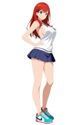 Rule 34 | 1girl, aqua footwear, blue skirt, breasts, green eyes, hand on own hip, large breasts, looking at viewer, miniskirt, non-web source, original, red hair, shoes, sideboob, skirt, smile, sneakers, solo