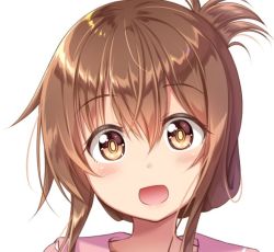 Rule 34 | 1girl, :d, brown eyes, brown hair, commentary request, folded ponytail, gurande (g-size), hair between eyes, head tilt, inazuma (kancolle), kantai collection, long hair, looking at viewer, open mouth, simple background, smile, smug, solo, white background