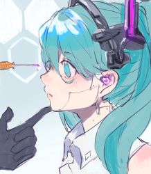 Rule 34 | 1girl, android, aqua eyes, aqua hair, bare shoulders, black gloves, cable, commentary, curious, gloves, hand on another&#039;s chin, hatsune miku, headset, heremia, highres, joints, looking at another, maintenance, mechanical parts, pale skin, parted lips, portrait, profile, robot joints, shirt, sketch, sleeveless, sleeveless shirt, solo focus, syringe, twintails, vocaloid