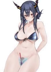 Rule 34 | 1girl, absurdres, arknights, bare shoulders, bikini, bikini top only, black bikini, black hair, bottomless, breasts, ch&#039;en (arknights), ch&#039;en the holungday (arknights), cleavage, collarbone, cowboy shot, dragon horns, drinking straw, female pubic hair, folded ponytail, highres, horns, large breasts, long hair, looking down, navel, neko no youchuu, pubic hair, pussy, red eyes, simple background, sitting, solo, stomach, swimsuit, uncensored, v-shaped eyebrows, wakamezake, white background