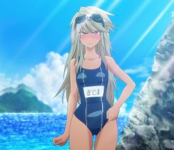 Rule 34 | 1girl, adjusting clothes, adjusting swimsuit, beach, blue one-piece swimsuit, blush, breasts, collarbone, dark-skinned female, dark skin, embarrassed, eyewear on head, goggles, goggles on head, highres, koi wa sekai seifuku no ato de, long hair, looking at viewer, majima kiki, name tag, ocean, one-piece swimsuit, screencap, small breasts, standing, stitched, swimsuit, thighs, third-party edit, water, white hair, yellow eyes