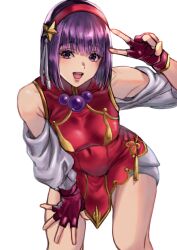 Rule 34 | 1girl, asamiya athena, bow, breasts, chinese clothes, covered navel, fingerless gloves, gloves, hair bow, hand on leg, hand on own leg, hand on own thigh, hand on thigh, highres, leaning forward, legs, medium breasts, open mouth, purple eyes, purple hair, smile, snk, the king of fighters, the king of fighters xv, thighs, v