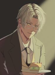 Rule 34 | 1boy, black necktie, cake, closed mouth, collared shirt, food, glasses, grey hair, grey jacket, highres, holding, holding plate, jacket, looking at viewer, male focus, necktie, plate, shirt, short hair, smile, tears of themis, upper body, vyn richter (tears of themis), white hair, white shirt, yellow eyes, yuka1206 arts