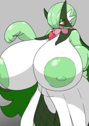 Rule 34 | 1girl, blush, breasts, colored nipples, colored skin, cosplay, creatures (company), eyelashes, female focus, fishnet pantyhose, fishnets, game freak, gardevoir, gen 3 pokemon, gigantic breasts, green nipples, green skin, grey background, head tilt, highres, looking at viewer, mask, meowscarada, meowscarada (cosplay), nintendo, nishiki (artist), no humans, pantyhose, pokemon, red eyes, solo, standing, sweat, thick thighs, thighs, white skin