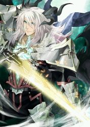 Rule 34 | 1boy, aqua eyes, armor, dragon boy, dragon horns, dragon tail, dragon wings, fate/apocrypha, fate/grand order, fate (series), holding, holding sword, holding weapon, horns, konoe ototsugu, long hair, magic, male focus, official art, resized, shoulder armor, siegfried (fate), siegfried (fate/grand order), silver hair, solo, pauldrons, sword, tail, upscaled, waifu2x, weapon, wings