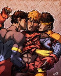 Rule 34 | 3boys, abs, bara, biting, black hair, blood, blood from mouth, blush, bodysuit, boy sandwich, character request, check character, commission, cris art, ear biting, ear piercing, facial hair, flaming eye, gloves, goatee, hand under clothes, human torch, kiss, kissing cheek, long sideburns, male focus, marvel, multiple boys, orange hair, piercing, sandwiched, short hair, sideburns, sideburns stubble, smile, spider-boy (spider-man), stubble, superboy, thick eyebrows, toned, toned male, torn bodysuit, torn clothes, torn gloves, upper body, yaoi