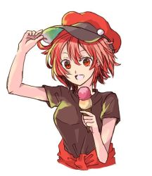 Rule 34 | 10s, 1girl, :d, ae-3803, arm up, black shirt, cropped torso, food, hagiri003, hair between eyes, hat, hataraku saibou, holding, holding food, ice cream, looking at viewer, open mouth, red eyes, red hair, red hat, shirt, short hair, short sleeves, simple background, sketch, smile, solo, white background