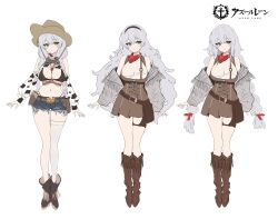 Rule 34 | 1girl, azur lane, belt, bikini, black bikini, black hairband, breasts, brown belt, brown dress, brown footwear, brown hat, character sheet, chungu, cleavage, closed mouth, concept art, copyright name, cowboy hat, dress, fargo (azur lane), fargo (dairy in the dreary sun) (azur lane), full body, grey eyes, grey hair, hair ribbon, hairband, hat, highres, holster, large breasts, long hair, long sleeves, looking at viewer, navel, neckerchief, off shoulder, official alternate costume, red neckerchief, red ribbon, ribbon, short shorts, shorts, simple background, single thighhigh, swimsuit, thighhighs, white background, white thighhighs