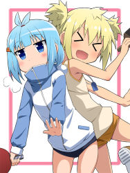 Rule 34 | &gt; &lt;, 2girls, antenna hair, back-to-back, blonde hair, blue eyes, blue hair, blush, bun cover, buruma, carrot hair ornament, closed eyes, covered mouth, cowboy shot, food-themed hair ornament, gotou jin, hair bun, hair ornament, itsumo hokuto, jacket, jewelry, leg up, multiple girls, necklace, open mouth, outstretched arms, paddle, shakunetsu no takkyuu musume, shoes, short shorts, short twintails, shorts, simple background, single hair bun, sleeveless, smile, sneakers, table tennis paddle, tank top, tenka hanabi, track jacket, twintails