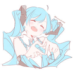 Rule 34 | 1girl, absurdres, ahoge, black sleeves, blue hair, blue necktie, blue trim, closed eyes, collared shirt, commentary request, cropped torso, detached sleeves, hair ornament, hands up, hatsune miku, head tilt, heart, heart hands, highres, long hair, long sleeves, necktie, nunumo, open mouth, shirt, simple background, sleeveless, sleeveless shirt, smile, solo, teeth, twintails, twitter username, upper body, upper teeth only, vocaloid, white background, white shirt