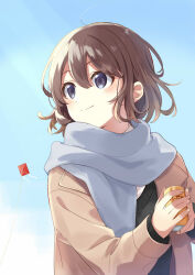 Rule 34 | 1girl, black hair, black sweater, brown hair, brown jacket, can, grey scarf, hair between eyes, highres, holding, holding can, jacket, kite, kite flying, layered clothes, long sleeves, looking to the side, nifu, original, scarf, shirt, short hair, sky, solo, sweater, white shirt