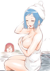 Rule 34 | 10s, 2girls, :d, blue hair, breast envy, breasts, brown hair, cleavage, closed eyes, glasses, gundam, gundam build fighters, hairband, iori rinko, kousaka china, large breasts, mature female, multiple girls, naked towel, onsen, opaque glasses, open mouth, partially submerged, short hair, smile, steam, towel, towel on head, triangle mouth, ueyama michirou, water