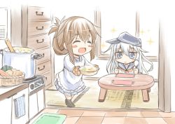 Rule 34 | 10s, 2girls, :&gt;, :d, ^ ^, anchor symbol, apron, badge, black legwear, blue eyes, blue skirt, brown hair, closed mouth, commentary request, closed eyes, flat cap, folded ponytail, food, fujishima shinnosuke, hat, hibiki (kancolle), inazuma (kancolle), indoors, kantai collection, long hair, multiple girls, open mouth, oven mitts, pleated skirt, ponytail, pot, school uniform, serafuku, silver hair, sitting, skirt, smile, socks, soup, sparkle, spoon