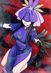 Rule 34 | 1girl, arms up, black footwear, black gloves, black hair, boots, breasts, china dress, chinese clothes, commentary request, dress, elbow gloves, flower, flower on head, gloves, grape print, leaf, leaf print, long hair, mandarin collar, medium breasts, open mouth, purple dress, purple flower, shateiel ch, short sleeves, sidelocks, sitting, smile, solo, touhou, yomotsu hisami