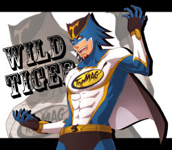 Rule 34 | 10s, 1boy, brown eyes, cape, character name, facial hair, kaburagi t. kotetsu, lunarclinic, male focus, mask, solo, spandex, stubble, superhero costume, tiger &amp; bunny, wild tiger, zoom layer