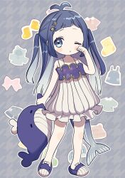 Rule 34 | 1girl, aged down, alternate costume, animal slippers, antenna hair, arched bangs, blue eyes, blue footwear, blue hair, blush stickers, cetacean tail, commentary request, doll, dress, fins, fish tail, frilled dress, frills, full body, hair ornament, highres, holding, holding doll, indie virtual youtuber, kazepana, long hair, looking at viewer, one eye closed, planet hair ornament, puffy dress, rubbing eyes, short dress, sleeveless, sleeveless dress, slippers, solo, sorara kujirako, star (symbol), star hair ornament, stuffed whale, tail, two side up, very long hair, virtual youtuber, white dress