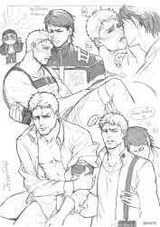 Rule 34 | 3boys, abs, absurdres, blush, bottomless, carrying, chibi, chibi inset, collared shirt, ekit70, eren yeager, facial hair, goatee, greyscale, highres, hug, hug from behind, jealous, jean kirstein, kiss, leaning forward, leaning on person, male focus, marley military uniform, monochrome, multiple boys, nipples, open clothes, open shirt, pectoral cleavage, pectorals, princess carry, reiner braun, shingeki no kyojin, shirt, short hair, sideburns, sitting, stomach, stubble, thai text, toned, toned male, translated, yaoi