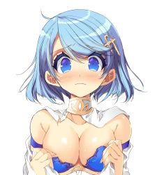 Rule 34 | 1girl, ahoge, armor, bad id, bad pixiv id, bare shoulders, blue eyes, blue hair, blush, breastplate, breasts, broken armor, cleavage, closed mouth, collarbone, colored eyelashes, commentary request, eyelashes, fortissimo, frown, hair ornament, highres, mahou shoujo madoka magica, mahou shoujo madoka magica (anime), medium breasts, miki sayaka, miki sayaka (magical girl), misteor, musical note, musical note hair ornament, revealing clothes, revision, short hair, simple background, solo, swept bangs, tareme, torn clothes, upper body, wavy mouth, white background