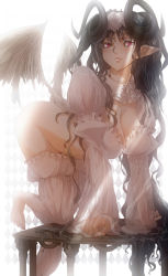 Rule 34 | 1girl, all fours, angel wings, barefoot, black hair, breasts, cleavage, demon girl, fang, horns, large breasts, lips, long hair, md5 mismatch, no panties, original, pointy ears, red eyes, resolution mismatch, solo, source larger, table, tanupo, very long hair, wings