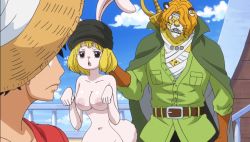 Rule 34 | 1girl, 2boys, carrot (one piece), furry, highres, monkey d. luffy, multiple boys, nipples, nude filter, one piece, pedro (one piece), third-party edit