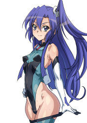 Rule 34 | 1girl, blue hair, blue leotard, breasts, covered navel, elbow gloves, gloves, highleg, highleg leotard, highres, impossible clothes, impossible leotard, kazanari tsubasa, leotard, long hair, looking at viewer, one side up, purple eyes, senki zesshou symphogear, shiny skin, simple background, skin tight, small breasts, solo, standing, sweat, syunzou, thighhighs, thighhighs pull, white background