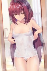 Rule 34 | 1girl, aged down, alternate breast size, bare shoulders, blush, breasts, camisole, cleft of venus, closed mouth, collarbone, covered erect nipples, fate/grand order, fate (series), female pubic hair, feng mouren, hair between eyes, hair intakes, highres, long hair, looking at viewer, panties, pubic hair, purple hair, red eyes, scathach (fate), see-through, small breasts, solo, thighs, underwear, white camisole, white panties