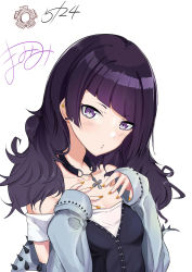 Rule 34 | 1girl, bare shoulders, black shirt, blue jacket, blush, breasts, collarbone, cross, cross necklace, diagonal bangs, earrings, hair down, hand on own chest, head tilt, highres, idolmaster, idolmaster shiny colors, jacket, jewelry, long hair, looking at viewer, nail polish, necklace, purple eyes, purple hair, schreibe shura, shirt, small breasts, solo, spikes, stud earrings, tanaka mamimi, upper body