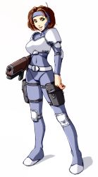 Rule 34 | 1girl, armor, bodysuit, breastplate, breasts, brown hair, elbow pads, energy gun, green eyes, gun, headband, headset, knee pads, laser rifle, personal armor, pouch, rifle, short hair, shoulder pads, solo, thigh pouch, tzoli, weapon, x-com