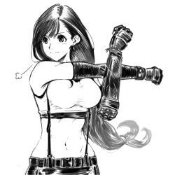 Rule 34 | 1girl, puff of air, bare shoulders, bracelet, breasts, clenched hands, closed mouth, commentary request, crop top, earrings, elbow gloves, elbow pads, final fantasy, final fantasy vii, final fantasy vii remake, gloves, greyscale, hair behind ear, hand up, highres, jewelry, kae shiramizu, large breasts, light blush, long hair, looking to the side, low-tied long hair, midriff, monochrome, navel, outstretched arm, sigh, single arm guard, single earring, single elbow pad, skirt, smile, solo, sports bra, stomach day, stretching, suspender skirt, suspenders, swept bangs, tank top, tifa lockhart, toned, upper body, very long hair, white background