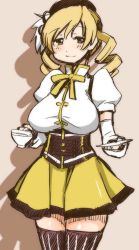 Rule 34 | 10s, 1girl, beret, blonde hair, breasts, brown eyes, cup, drill hair, hat, large breasts, light smile, long hair, looking at viewer, mahou shoujo madoka magica, mahou shoujo madoka magica (anime), shadow, shinama, solo, teacup, thighhighs, tomoe mami, twin drills