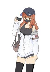 Rule 34 | 1girl, anglerfish, backpack, bag, baseball cap, black hat, black shorts, black tank top, black thighhighs, blunt bangs, casual, cellphone, commentary, cowboy shot, dolphin shorts, emblem, fish, girls und panzer, guropara, hat, holding, holding phone, jacket, long hair, looking at viewer, mask, mouth mask, off shoulder, orange eyes, orange hair, partially unzipped, phone, shorts, simple background, smartphone, solo, standing, takebe saori, tank top, thighhighs, white background, white jacket