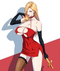 Rule 34 | 1girl, blonde hair, breasts, cleavage, colored skin, covered erect nipples, cross, dress, earrings, elbow gloves, electricblue, gloves, highres, huge breasts, jewelry, necklace, red dress, red eyes, solo, static808wave, vampire, white skin