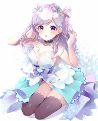 Rule 34 | 1girl, bare arms, bare shoulders, black thighhighs, blue flower, blue nails, blue rose, blush, breasts, brown flower, brown rose, cleavage, collarbone, dress, flower, full body, hair flower, hair ornament, holding, looking at viewer, medium breasts, nail polish, open mouth, original, panties, pleated dress, puracotte, purple flower, purple hair, purple nails, purple rose, rose, seashell, shell, silver hair, sitting, solo, star (symbol), star hair ornament, teeth, thighhighs, underwear, upper teeth only, white background, white panties, yokozuwari