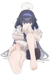 Rule 34 | 1girl, absurdres, barefoot, blue archive, blue eyes, blush, book, covering own mouth, feet, hairband, halo, highres, kilabo, long hair, looking at viewer, panties, pantyshot, soles, toes, ui (blue archive), underwear