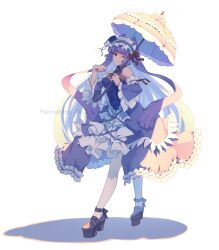 Rule 34 | 1girl, abiko yuuji, animal ears, bare shoulders, bow, breasts, celia (chaos code), chaos code, detached sleeves, dress, frills, gothic lolita, hairband, hat, highres, holding, holding umbrella, lolita fashion, lolita hairband, long hair, looking at viewer, mini hat, mini top hat, one eye closed, purple hair, red eyes, solo, top hat, umbrella