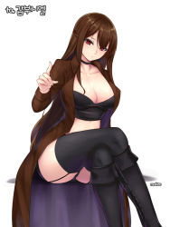 Rule 34 | 1girl, player character (mabinogi), black footwear, black panties, black thighhighs, blush, boots, breasts, brown coat, brown hair, choker, cleavage, closed mouth, coat, collarbone, cross-laced footwear, crossed legs, garter straps, hair between eyes, half updo, lace-up boots, large breasts, long hair, looking at viewer, mabinogi, open clothes, open coat, panties, pantyshot, red eyes, shaojiang, sitting, solo, strapless, thighhighs, tube top, underwear, very long hair