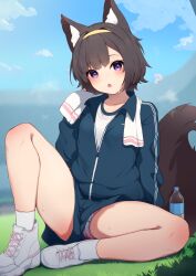 Rule 34 | 1girl, ?, absurdres, animal ear fluff, animal ears, black hair, blue jacket, blue shorts, blue sky, blurry, blurry background, bottle, breasts, cloud, collarbone, commentary request, day, depth of field, fox ears, fox girl, fox tail, gym shirt, gym shorts, gym uniform, hairband, hand up, highres, hinata (user rjkt4745), jacket, knee up, long sleeves, on grass, open mouth, original, outdoors, panties, panties under shorts, polka dot, polka dot panties, puffy long sleeves, puffy sleeves, purple eyes, shirt, shoes, short shorts, shorts, sitting, sky, small breasts, socks, solo, sweat, tail, towel, towel around neck, underwear, upshorts, water bottle, white footwear, white panties, white shirt, white socks, yellow hairband
