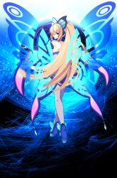 Rule 34 | 1girl, antenna hair, azure striker gunvolt, bare back, blonde hair, detached sleeves, from behind, full body, green eyes, high ponytail, highres, lololotton, long sleeves, looking at viewer, looking back, lumen (gunvolt), pink hair, solo, thighhighs, white sleeves, white thighhighs