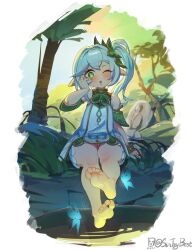 Rule 34 | 1girl, arm support, barefoot, blurry, blurry background, blush, bug, butterfly, commentary, cross-shaped pupils, detached sleeves, dress, english commentary, eyelashes, feet, full body, genshin impact, gold trim, green eyes, green sleeves, grey hair, hair ornament, hand on own face, hand up, highres, insect, legs, long hair, mixed-language commentary, nahida (genshin impact), one eye closed, open mouth, outdoors, pointy ears, side ponytail, sidelocks, sin (sintrybest), sleeveless, sleeveless dress, soles, solo, symbol-shaped pupils, toes, tree, twitter username, white dress