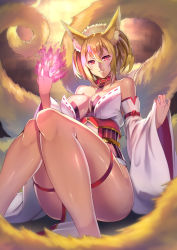 Rule 34 | 1girl, animal ears, bad id, bad pixiv id, bare shoulders, between breasts, between legs, blonde hair, blurry, breasts, collar, depth of field, detached sleeves, fingernails, fox ears, fox tail, from below, glowing, hair between eyes, large breasts, legs, long fingernails, long sleeves, looking at viewer, multiple tails, obi, original, red ribbon, ribbon, ribbon-trimmed clothes, ribbon trim, sash, shade, short hair, sitting, smile, solo, strapless, tail, thigh strap, wide sleeves, yoshimoto (dear life)