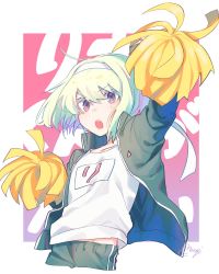 Rule 34 | 1boy, androgynous, cheering, cheerleader, green hair, headband, highres, jacket, lio fotia, male focus, moegi0926, open clothes, open jacket, open mouth, pom pom (cheerleading), promare, purple eyes, shirt, short hair, t-shirt, track suit