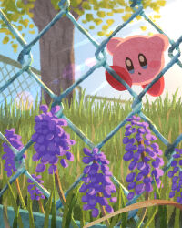 Rule 34 | blue eyes, blush stickers, chain-link fence, climbing, closed mouth, day, fence, flower, grass, highres, kirby, kirby (series), miclot, nintendo, no humans, outdoors, pink footwear, plant, purple flower, shoes, sunlight, tree