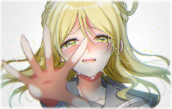 1girl blonde_hair blush braid collarbone crown_braid crying crying_with_eyes_open grey_background grey_sailor_collar hair_between_eyes hair_rings half-closed_eyes long_hair looking_at_viewer love_live! love_live!_sunshine!! mizukikushou nose_blush ohara_mari open_mouth outstretched_arm portrait sailor_collar shirt simple_background solo tears white_shirt yellow_eyes