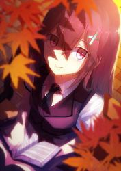 Rule 34 | 1girl, autumn, autumn leaves, blurry, book, depth of field, from above, leaf, motion, original, red hair, shadow, smile, solo, uniform, yasumo (kuusouorbital)